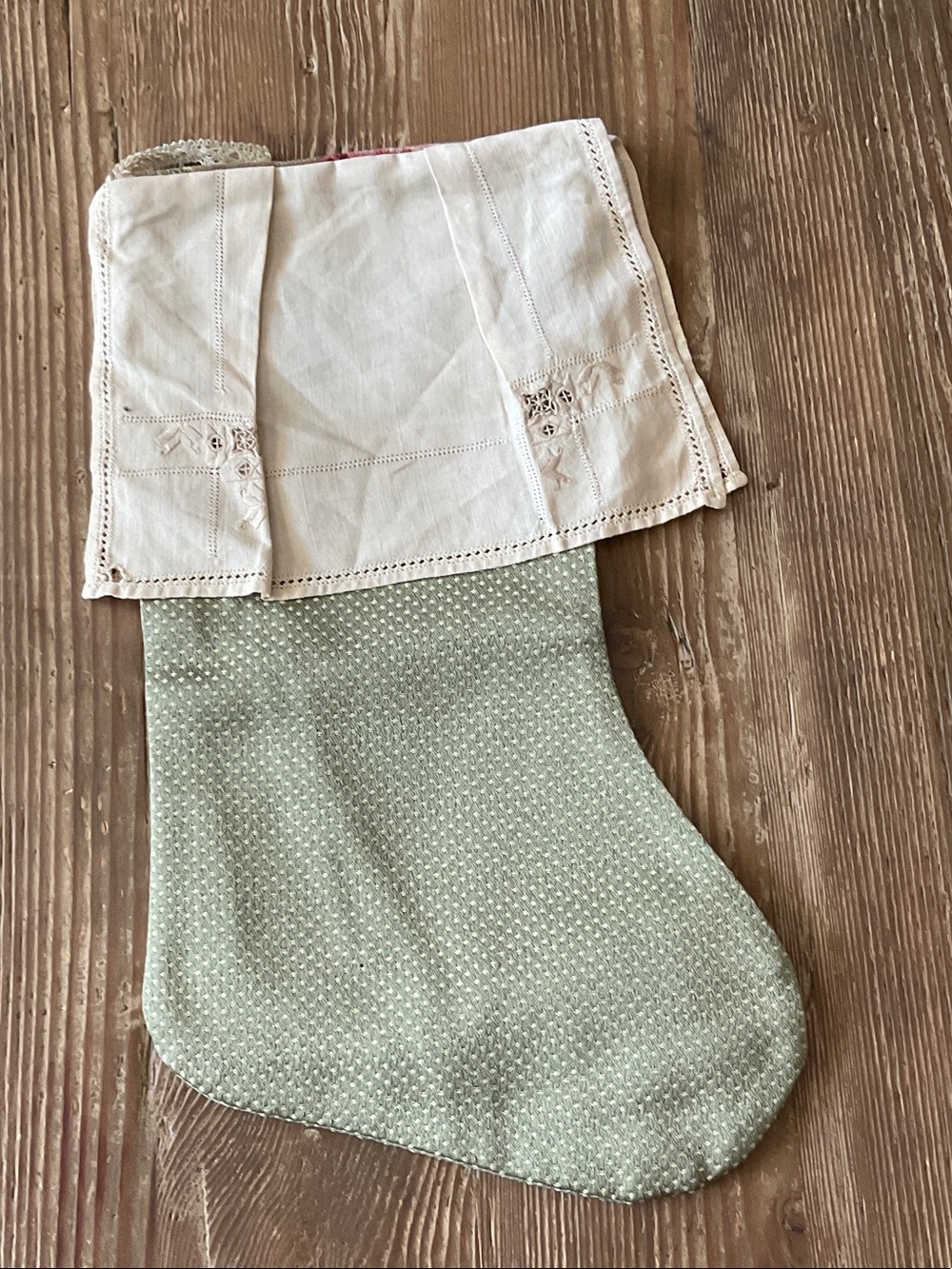 Handmade Classic Green Holiday Stocking with Linen Cuff